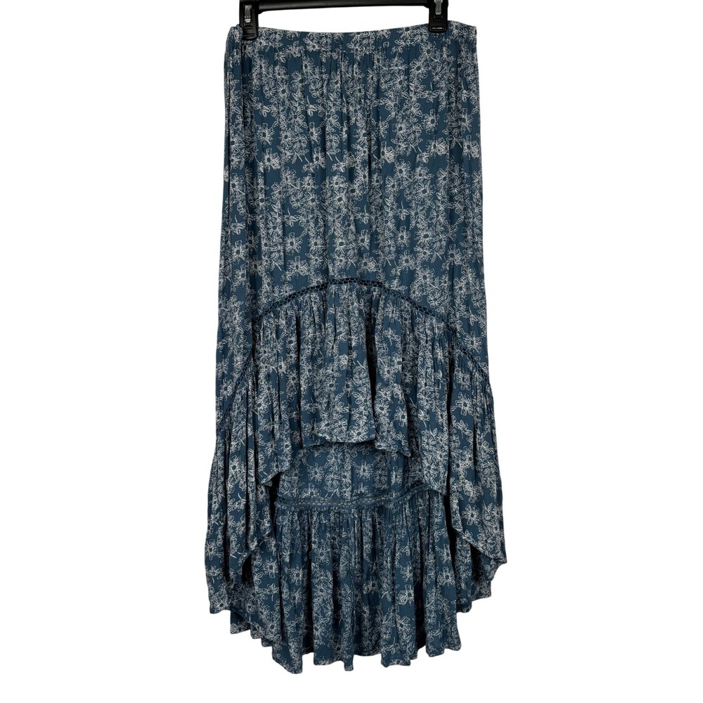 Rock & Roll Cowgirl Blue Floral High Low Maxi Skirt Large Boho Western Rayon